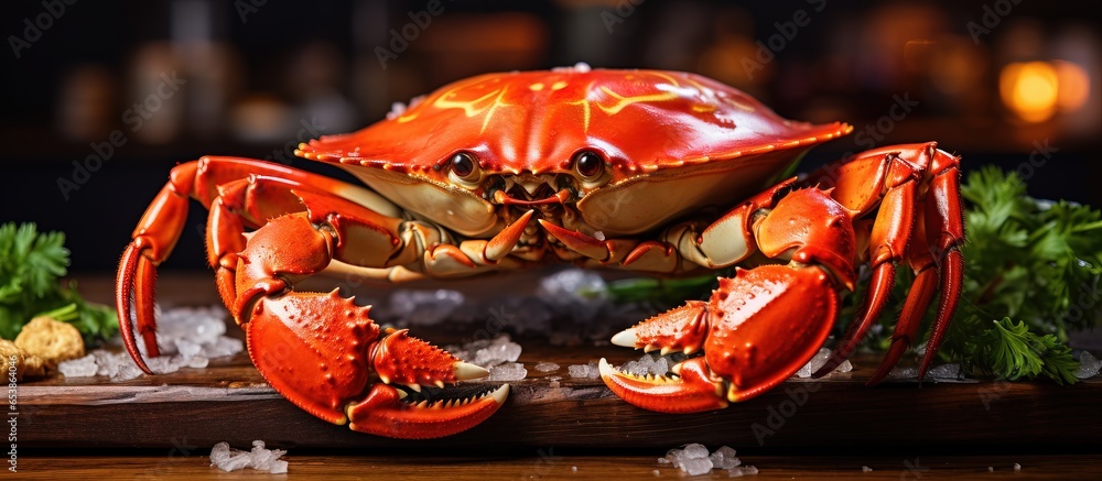 Fresh red crab on a wooden cutting board in a seafood restaurant kitchen