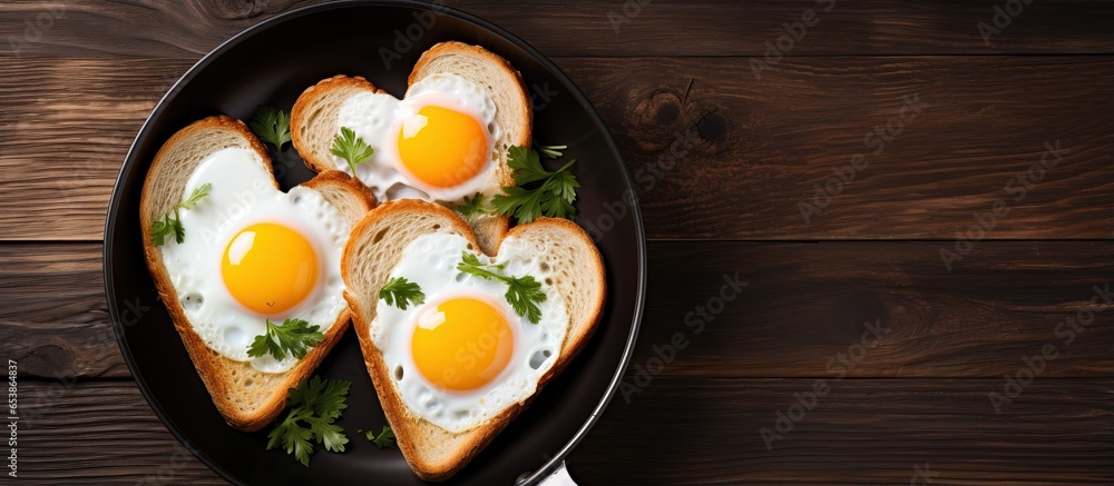 Top view of fried eggs and toast in a heart shape on a wooden table