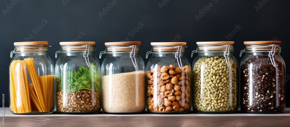 Kitchen with glass jars containing different cereals seeds Eco friendly zero waste kitchen Ideas for kitchen interior