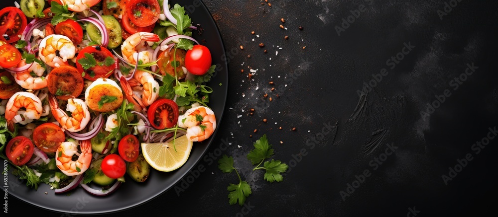 Seafood salad on white plate viewed from above on dark stone table