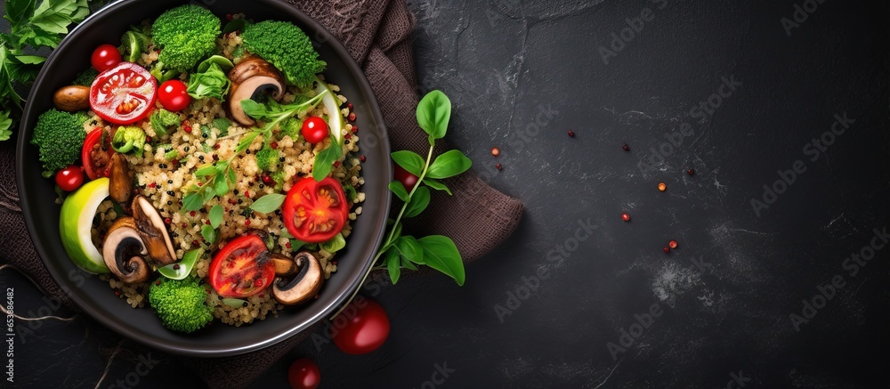 Healthy vegan vegetable salad bowl with broccoli mushrooms spinach and quinoa