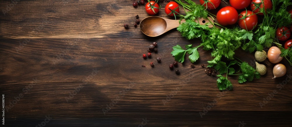 Vegetarian food concept with cooking utensils and vegetables on a wooden background