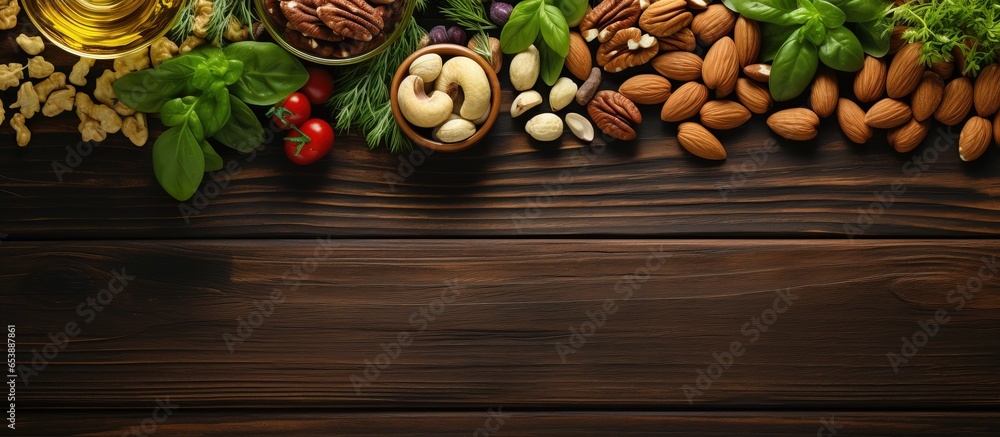 Brain boosting food with nuts oil spinach on wood background