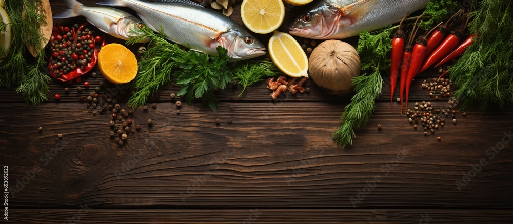 Fresh fish seafood herbs spices vegetables on wooden background Balanced diet cooking concept healthy eating Top view