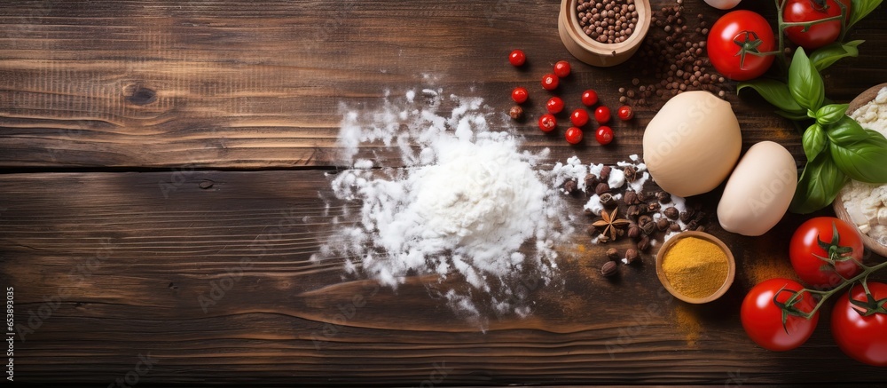 Cooking pizza ingredients on wooden table with kitchen background space for text