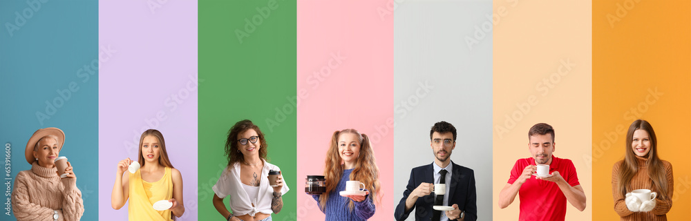 Set of many different people with coffee on color background