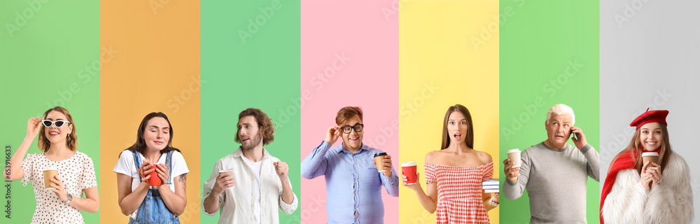 Set of many different people with coffee on color background