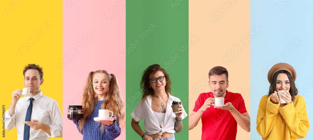 Set of different people drinking coffee on color background