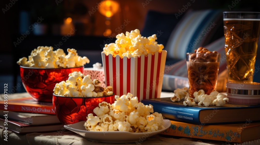 Movie marathon with popcorn and snacks