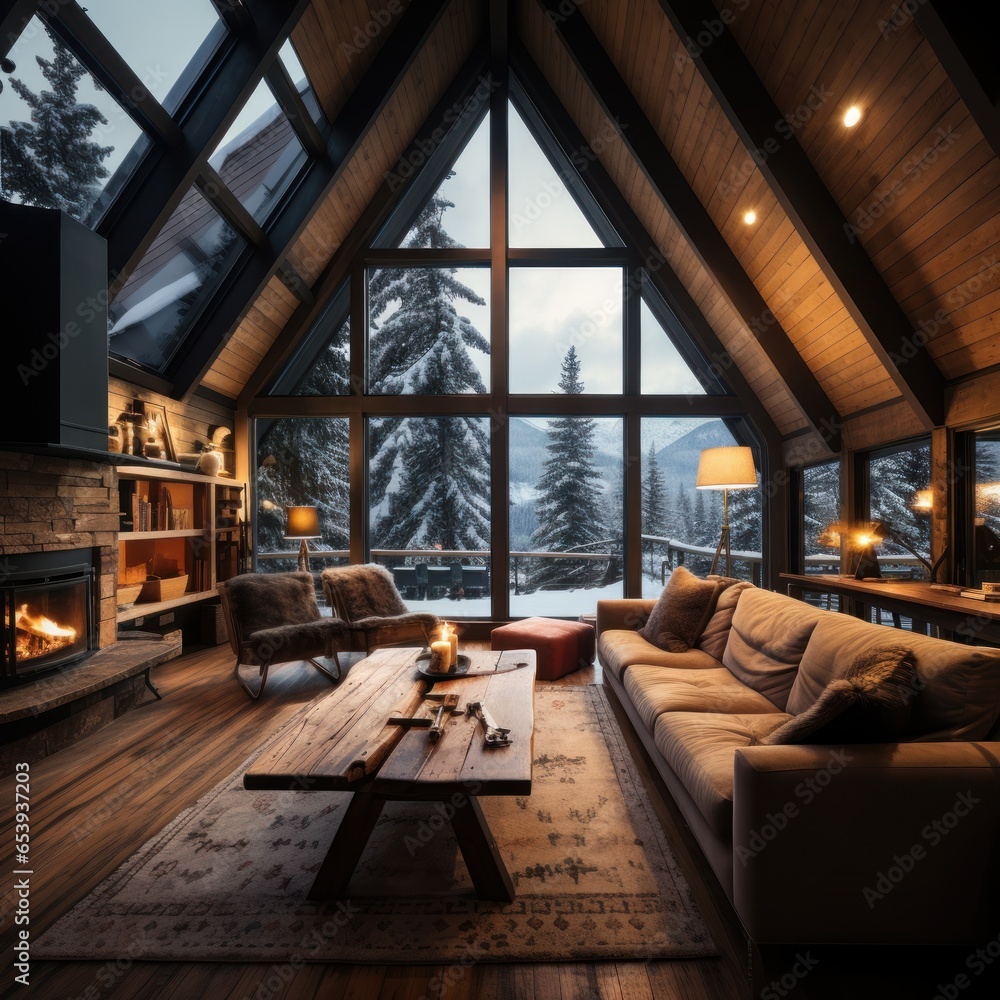 Cozy cabin with snowy mountain views