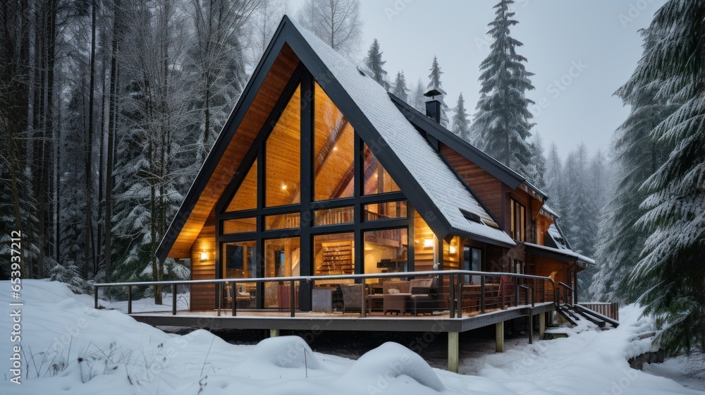 Cozy cabin with snowy mountain views