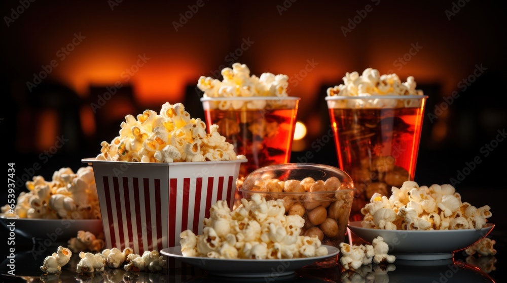 Movie marathon with popcorn and snacks