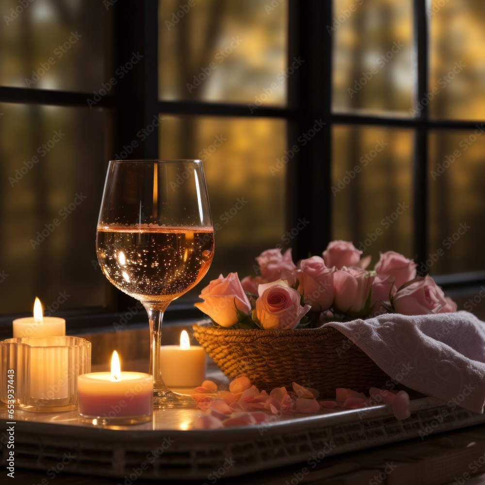 Bubble bath with candles and wine