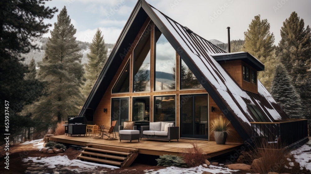 Cozy cabin with snowy mountain views