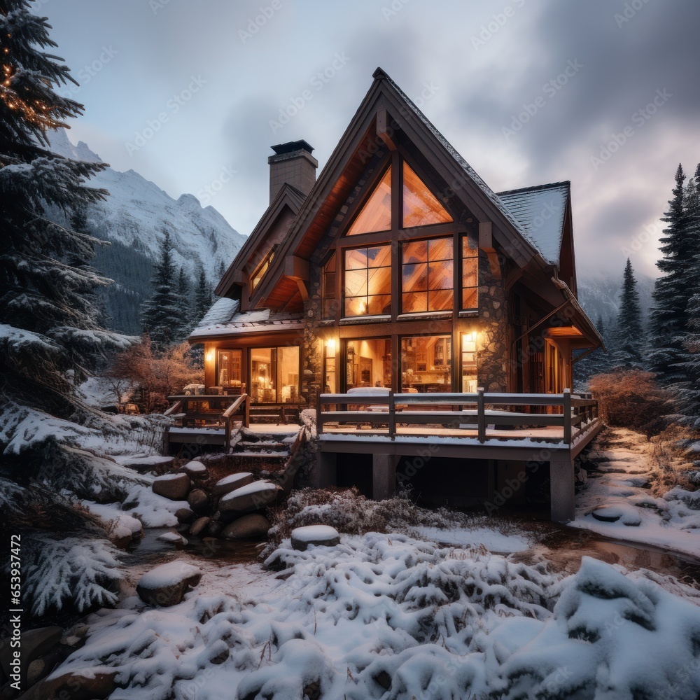 Cozy cabin with snowy mountain views