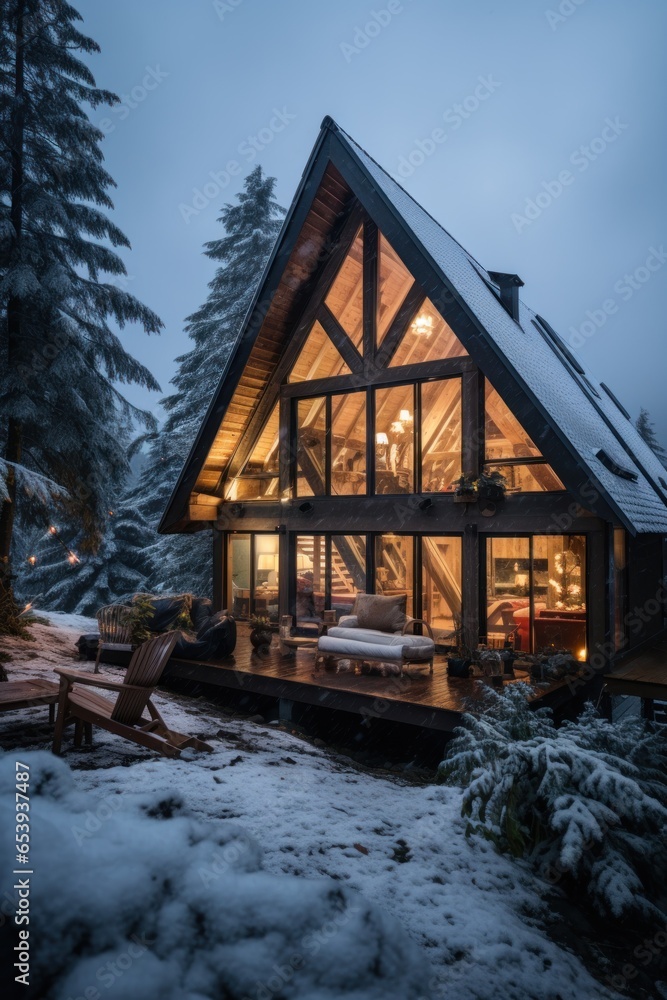 Cozy cabin with snowy mountain views