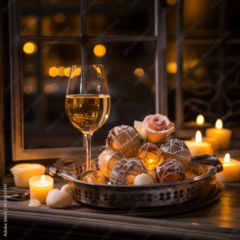 Bubble bath with candles and wine