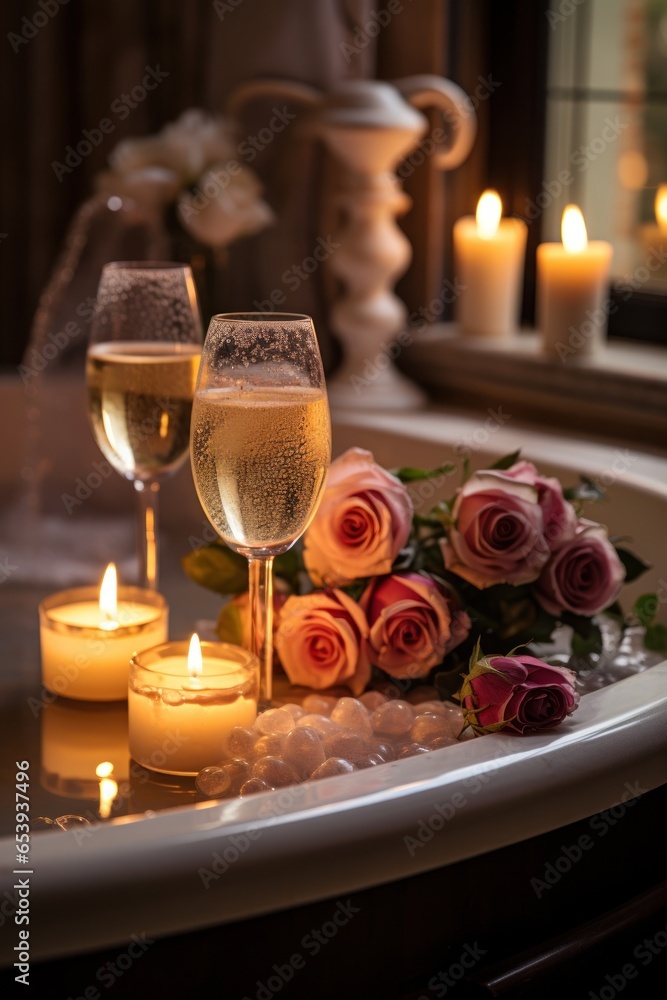 Bubble bath with candles and wine