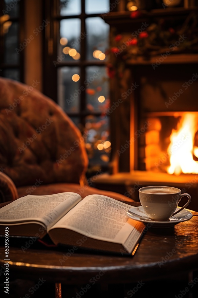 Coffee and books by the fireplace