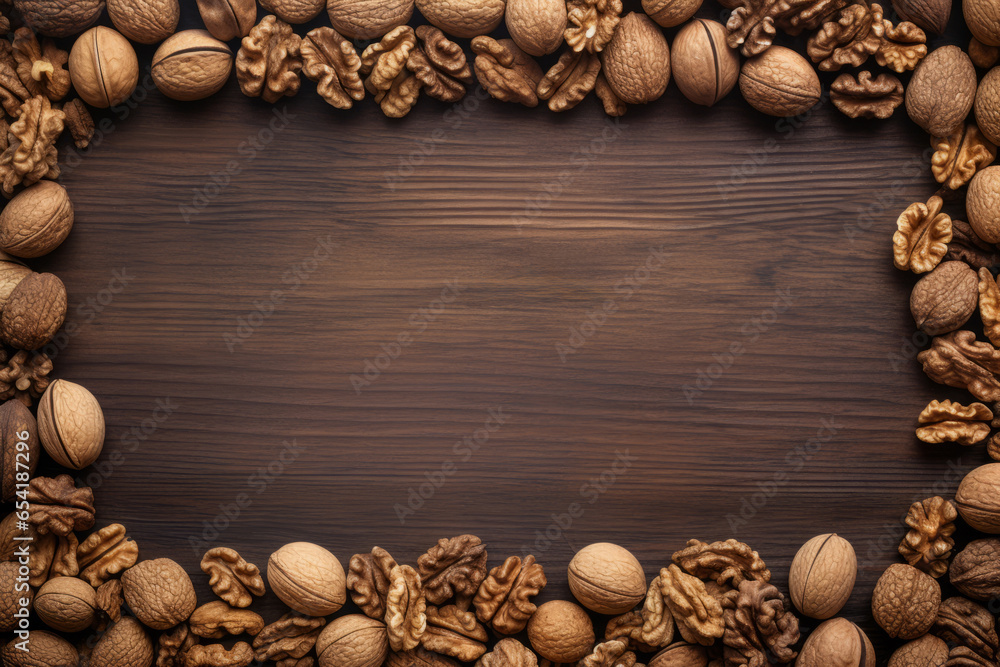 Many walnuts on wooden background forming frame or border