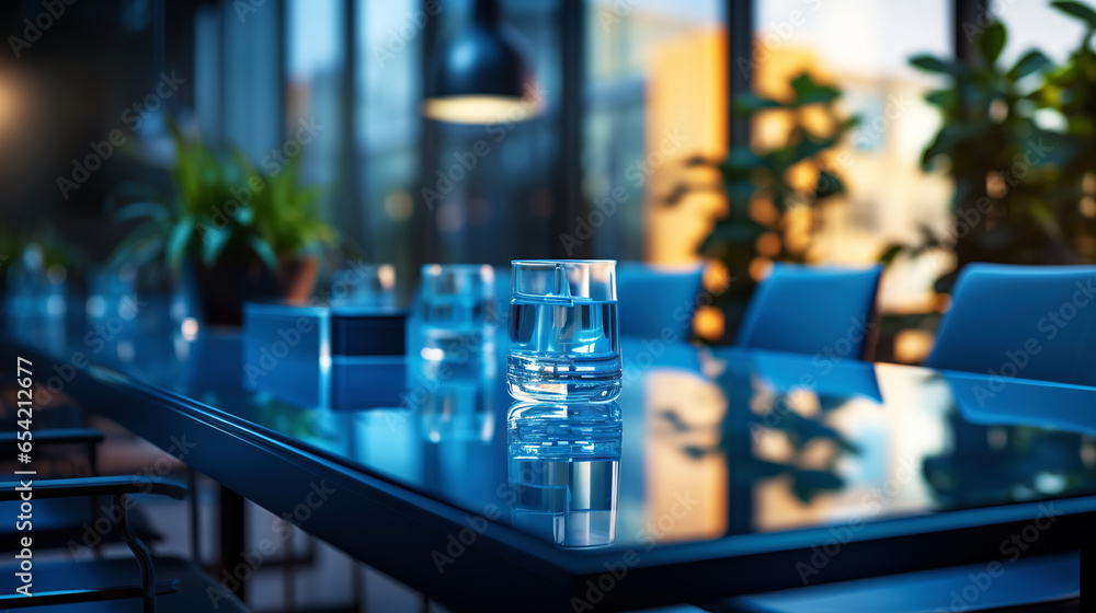 Modern minimalist corporate conference room with glass table in blue shades. Generative AI