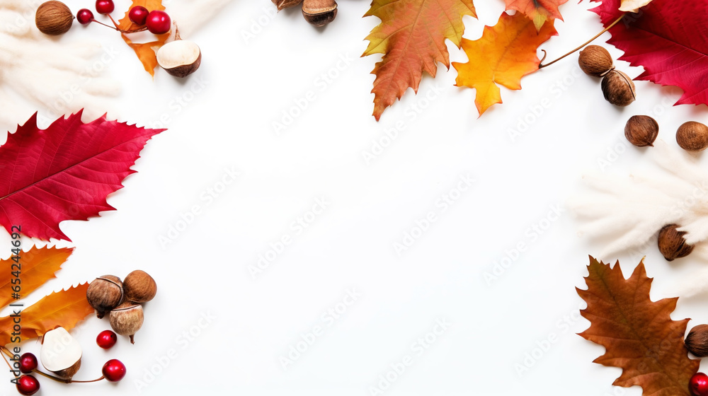 Autumn creative frame composition with dried leaves, chestnuts, red berries and cones on white background. Generative AI