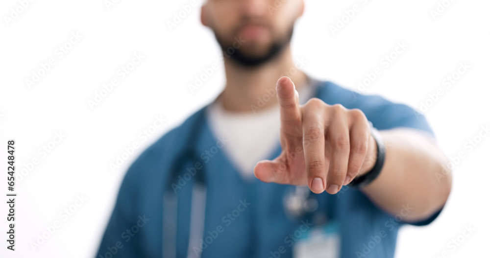 Nurse, hands touch and man closeup for digital, futuristic and interface for healthcare and hospital. Clinic, medical and website ai with biotechnology, medicine and wellness working for research