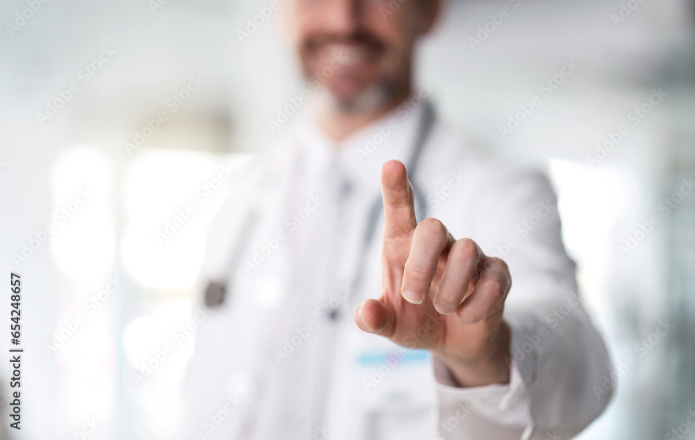 Doctor, hands touch and man closeup for digital, futuristic and interface for healthcare and hospital. Clinic, medical and website ai with biotechnology, medicine and wellness working for research