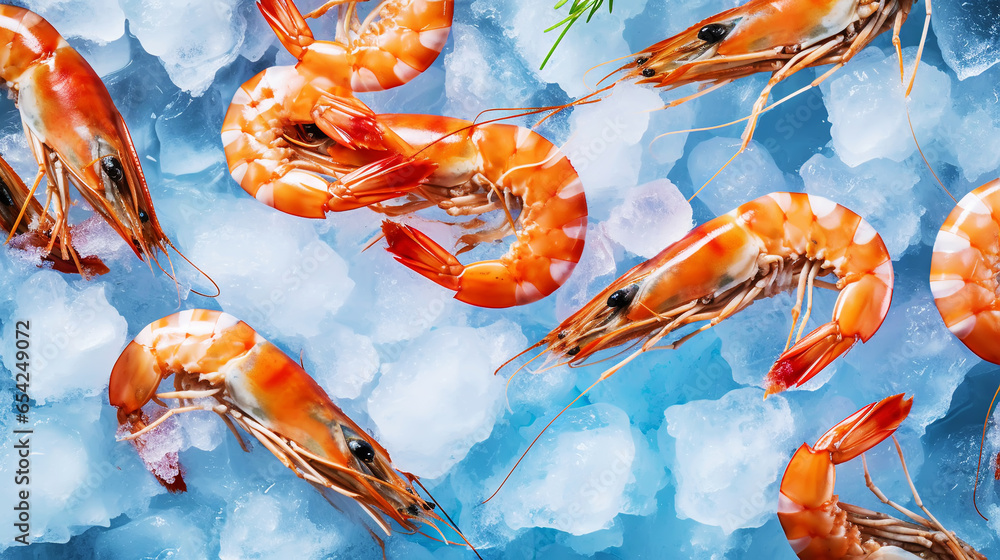 Top view of raw whole king prawns on ice. Seafood background. Generative AI