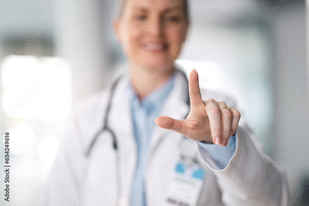 Hand, doctor and woman with futuristic medicine and review with strategy, planning and connection. Click, medical professional and consultant with feedback, selection and hospital with future and ai