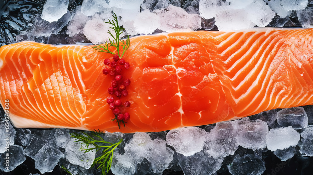 Fresh salmon fillet on ice. Red tasty fish meat. Seafood background. Generative AI