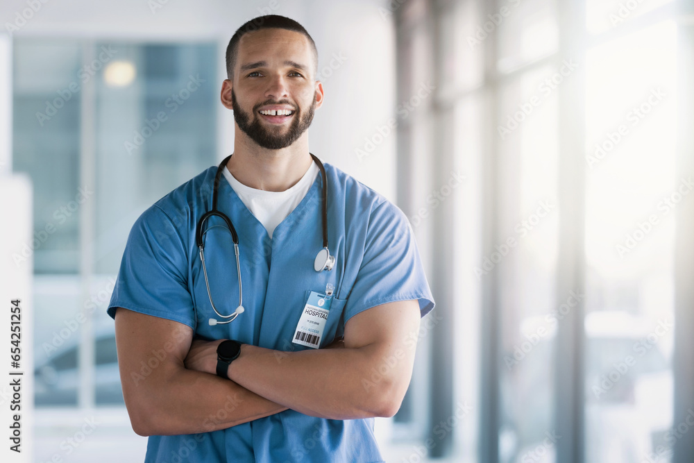 Man, portrait and surgeon with arms crossed in hospital for wellness services, help and medical consulting in Mexico. Medicine, healthcare and happy professional doctor working with trust in clinic