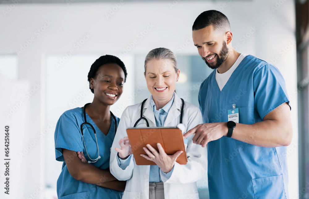 Doctors, healthcare and teamwork on tablet for online results, mentor advice and research support in clinic. Medical nurse, students or people on digital tech, hospital software or team collaboration