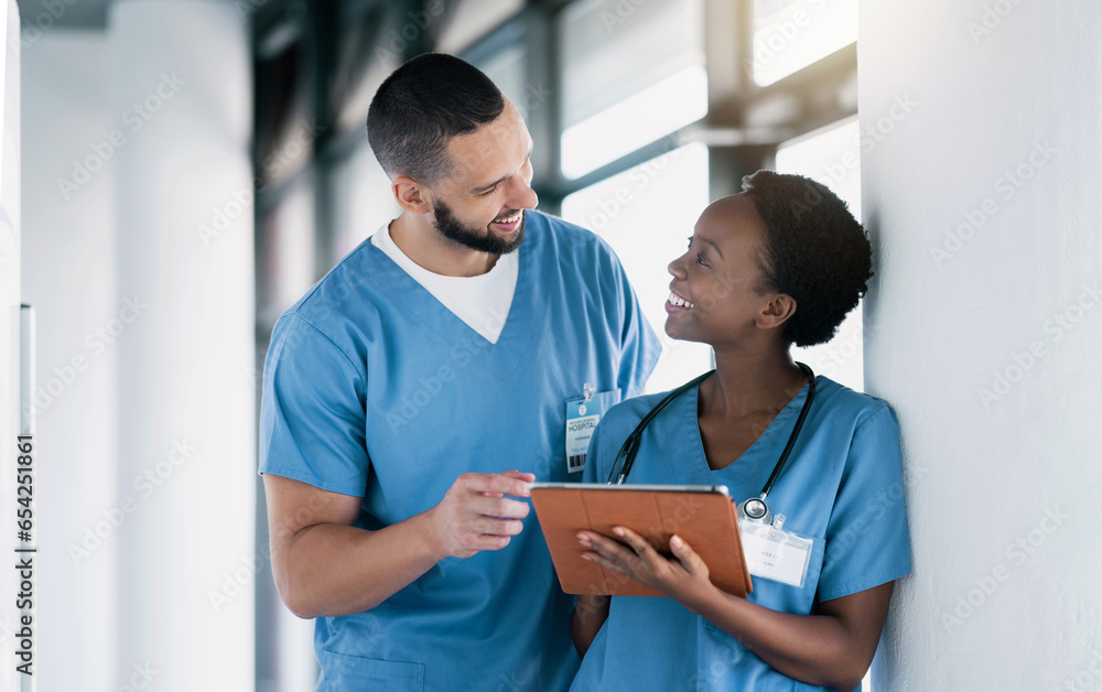 Doctors, nurses and tablet for teamwork, online results and talking, planning or research of clinic or hospital management. Medical worker, students or people on digital technology for data or charts