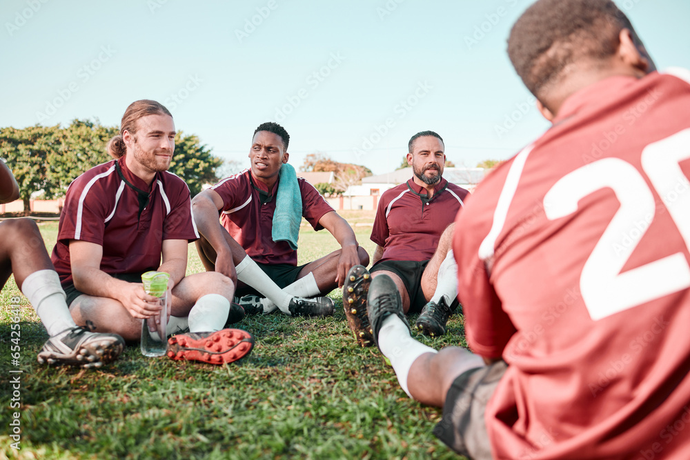 Fitness, people and rugby players in at training for planning strategy for game or match. Sports, huddle and athletes talking for group teamwork and workout on an outdoor field for practice together