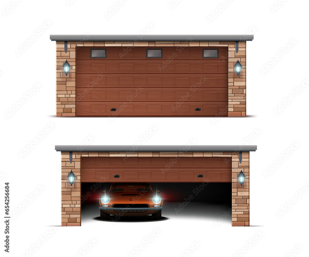 Realistic wooden garage doors of a brick garage opening and closing, showcasing their rustic charm and functionality.