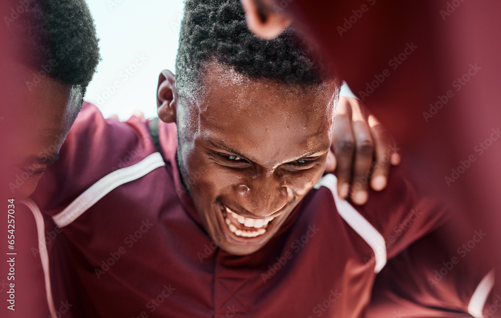 Motivation, huddle and rugby team on a field planning a strategy for a game, match or tournament. Sports, fitness and captain talking to group at training, exercise or practice on an outdoor pitch.