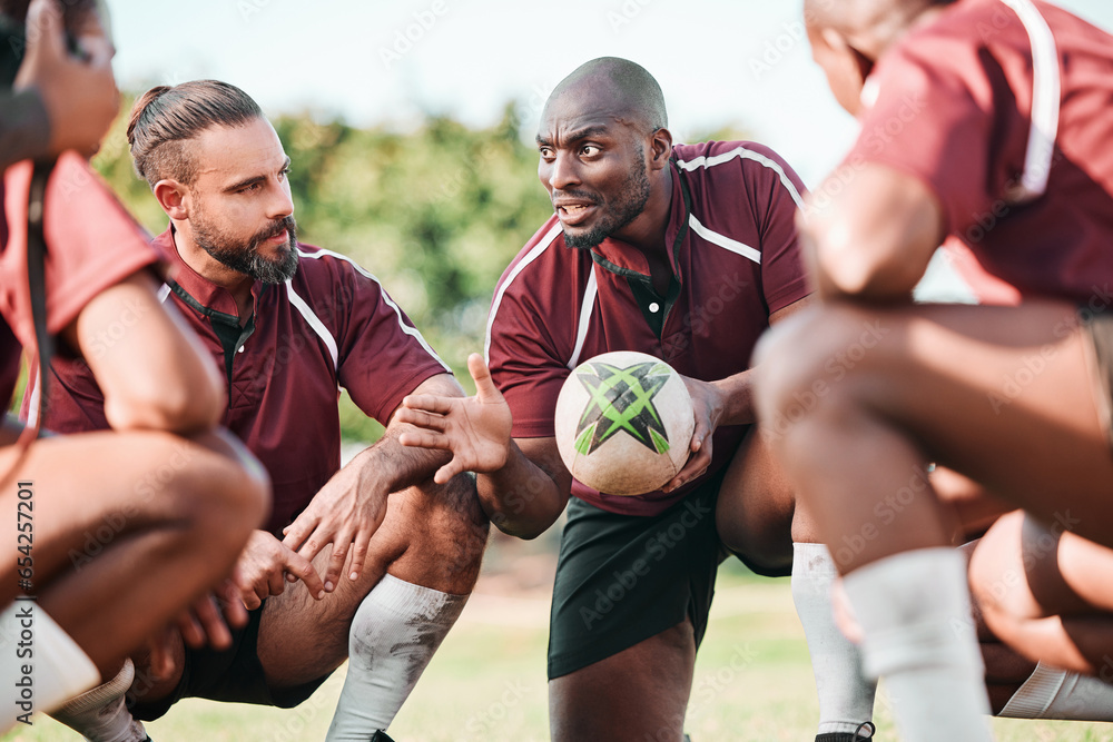 Fitness, huddle and rugby team on a field planning a strategy for a game, match or tournament. Sports, diversity and captain talking to group at training, exercise or practice on an outdoor pitch.