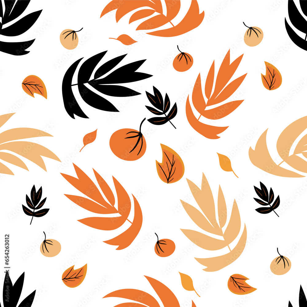 Seamless pattern autumn, floral, flowers , leaves, nature on white background. Flat vector illustration.