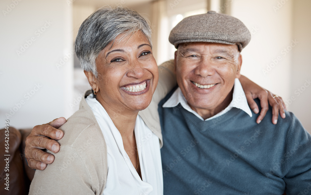 Portrait, hug and senior couple with love, home and marriage with bonding, relationship and romance. Face, happy old woman and elderly man embrace, retirement and health with mature, care or smile