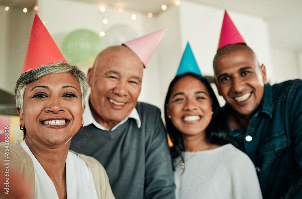 Selfie, home and family with birthday party, love and celebration with happiness, weekend break and bonding. Portrait, old man and elderly woman with people, hats and group with a smile and cheerful