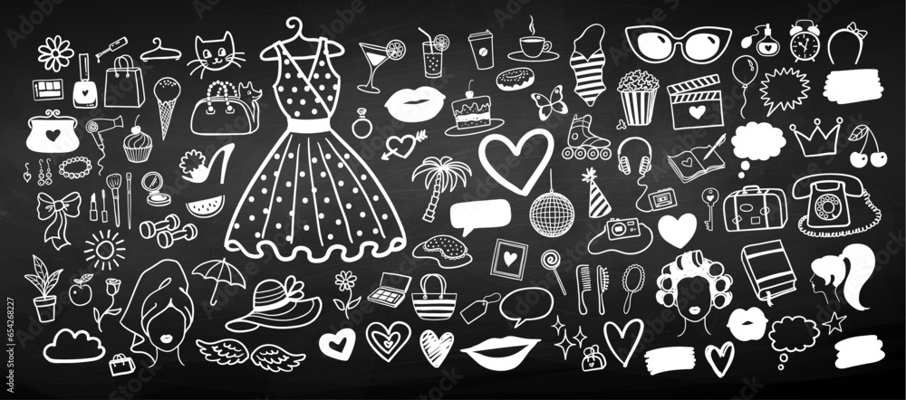 Vector chalk drawn illustration set of beauty and fashion isolated doodles and sketches