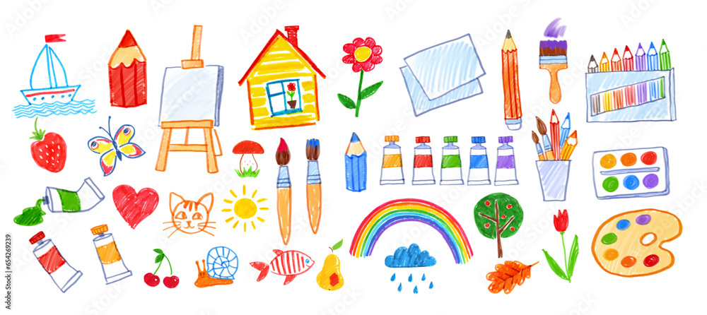 Felt pen vector illustrations set of child drawings of art supplies and doodles