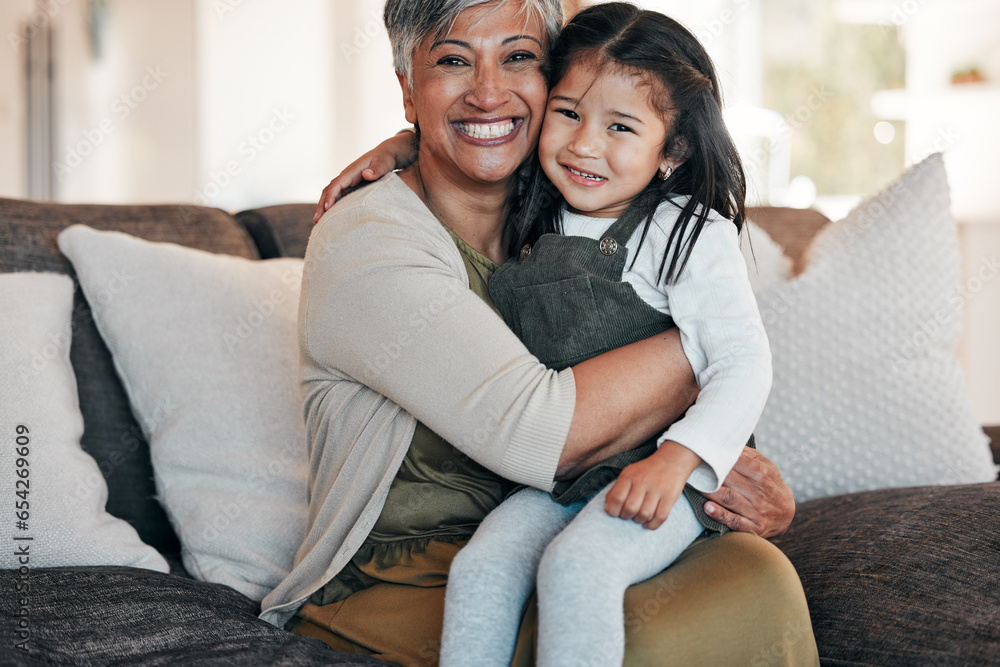 Portrait, love and grandmother with girl on sofa together for bonding, connection and care in living room of home. Happy family, woman and child on couch with happiness for relaxing, weekend and face