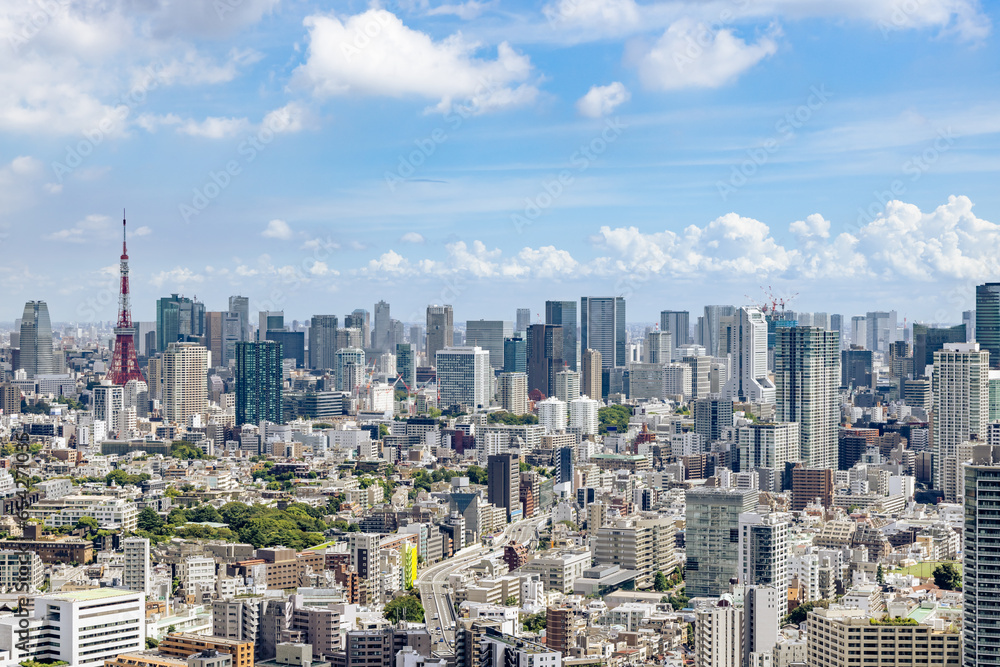 太陽の光が綺麗な東京の高層ビル群