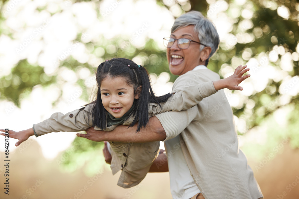 Family, girl child or grandmother with fly or airplane for fantasy play, fun game or together with bokeh in nature. People, kid or grandma outdoor with happiness for love, care and bonding or excited