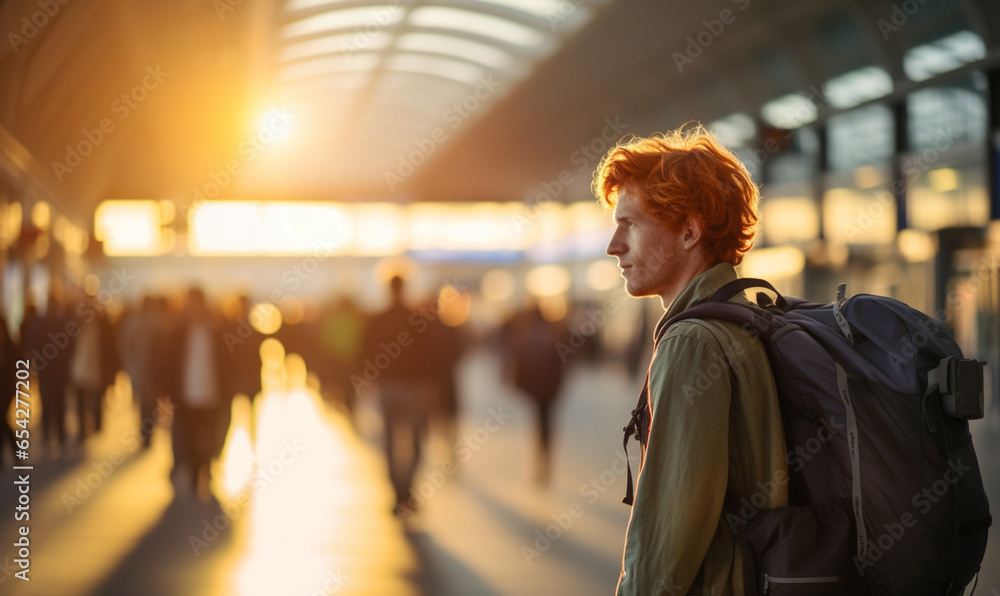 Man travel at airport with backpack, male walking at the gate at the terminal waiting for her flight in boarding lounge, People traveler enjoy trip and holiday.