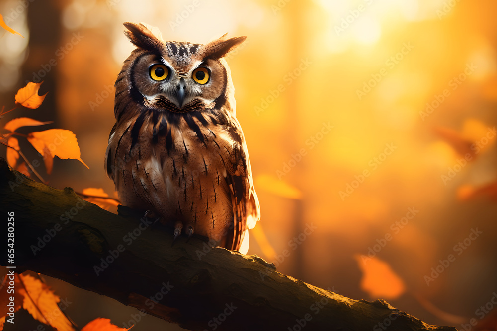 Wild horned owl sitting on dry branch in the forest during autumn