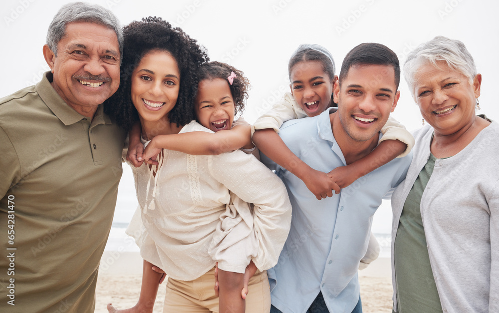 Happy family, beach or vacation with grandparents, parents and kids for holiday, bonding together or smile. Portrait, travelling and outdoor to rest, relax and quality time for break, memories or joy