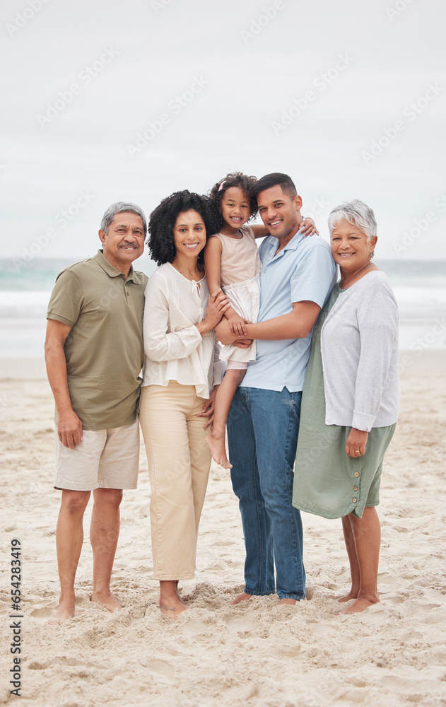 Portrait, happy and big family at beach outdoor on holiday, vacation and travel together. Grandparents, parents and child smile at ocean, bonding and love of father, mother and kid on mockup space